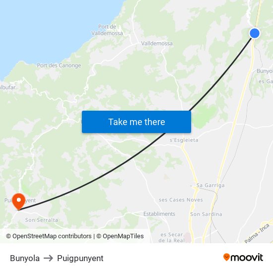 Bunyola to Puigpunyent map