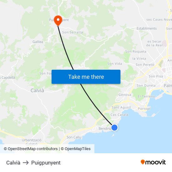 Calvià to Puigpunyent map