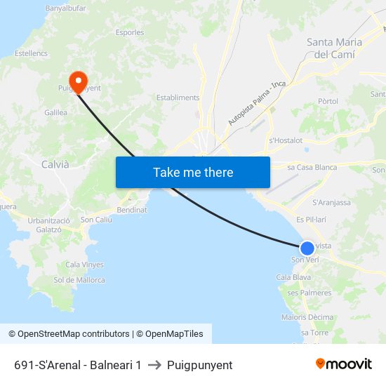 691-S'Arenal - Balneari 1 to Puigpunyent map