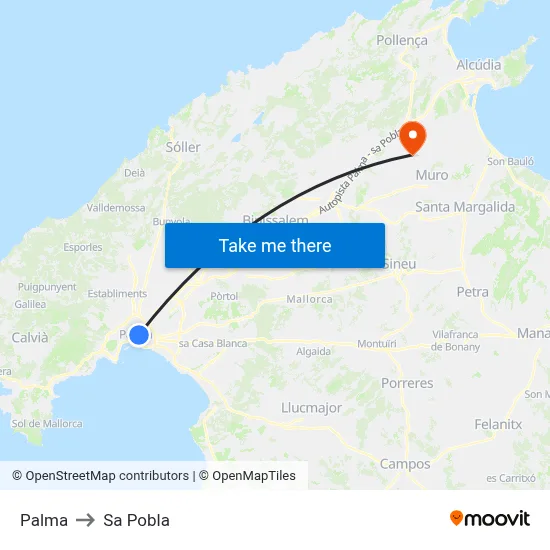 Palma to Sa Pobla map