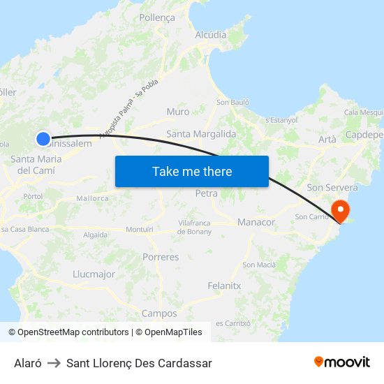 Alaró to Sant Llorenç Des Cardassar map