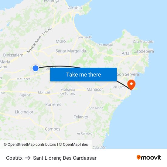 Costitx to Sant Llorenç Des Cardassar map