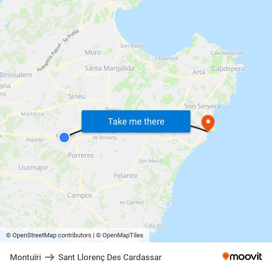 Montuïri to Sant Llorenç Des Cardassar map