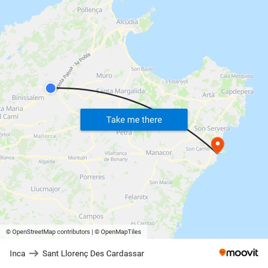 Inca to Sant Llorenç Des Cardassar map