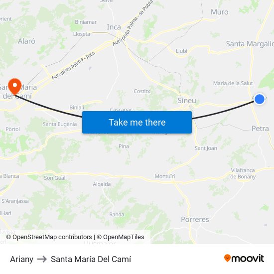 Ariany to Santa María Del Camí map