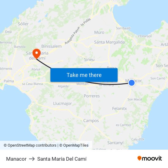 Manacor to Santa María Del Camí map