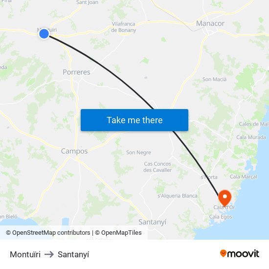 Montuïri to Santanyí map