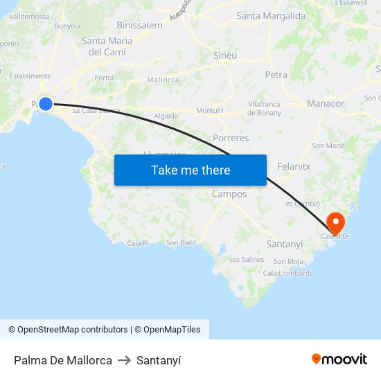 Palma De Mallorca to Santanyí map