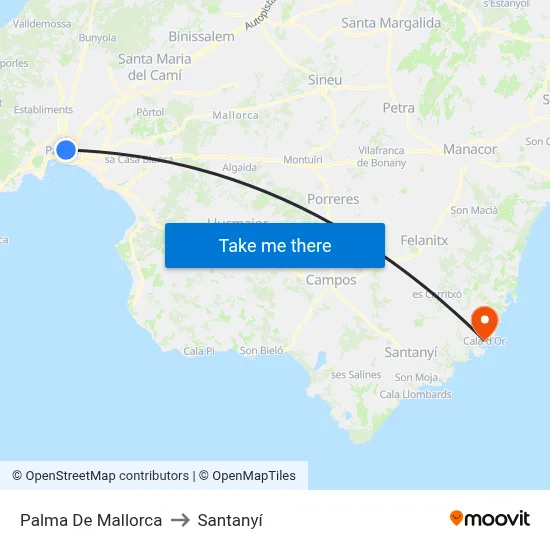 Palma De Mallorca to Santanyí map