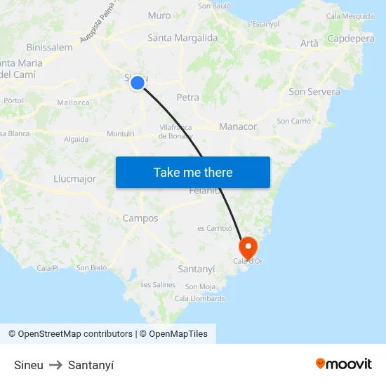 Sineu to Santanyí map