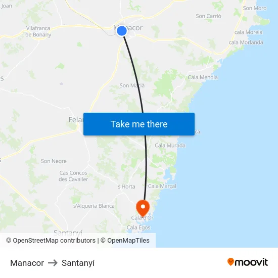 Manacor to Santanyí map