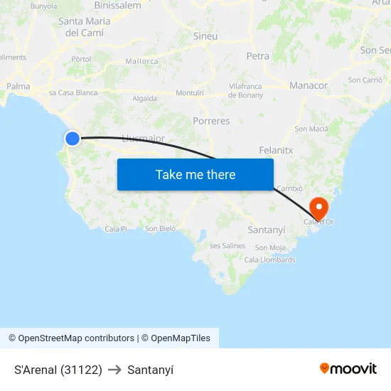 S'Arenal (31122) to Santanyí map