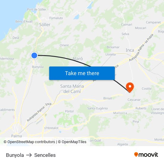 Bunyola to Sencelles map