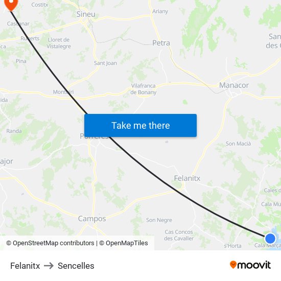 Felanitx to Sencelles map