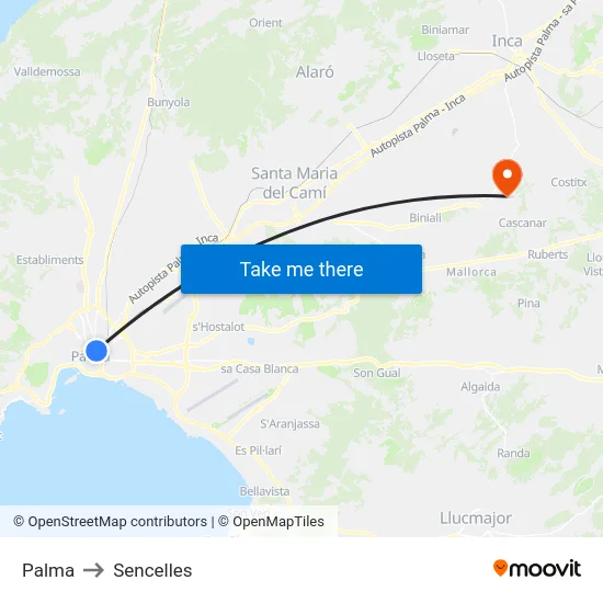 Palma to Sencelles map