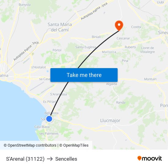 S'Arenal (31122) to Sencelles map