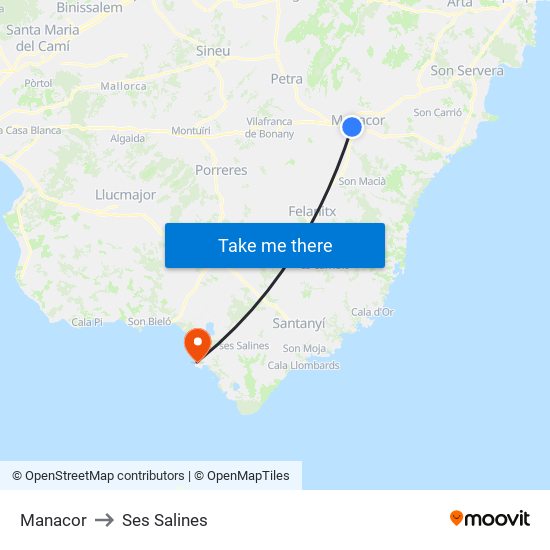 Manacor to Ses Salines map
