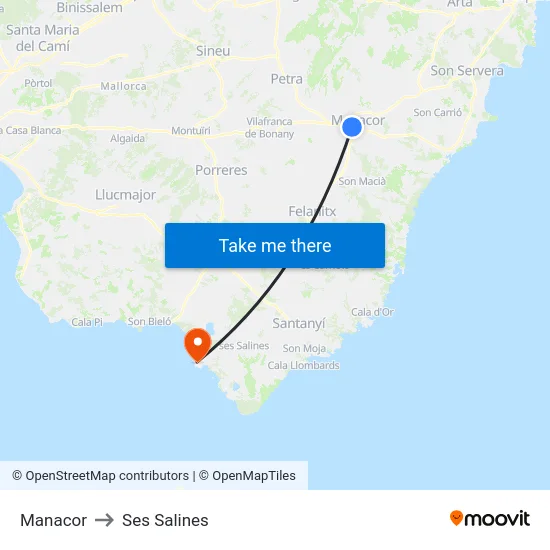 Manacor to Ses Salines map