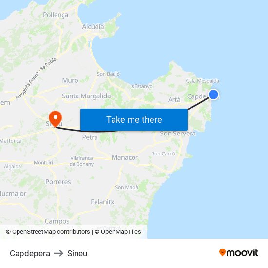 Capdepera to Sineu map