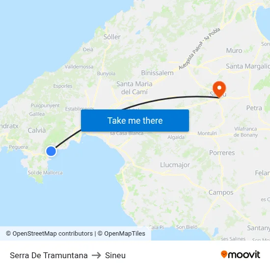 Serra De Tramuntana to Sineu map