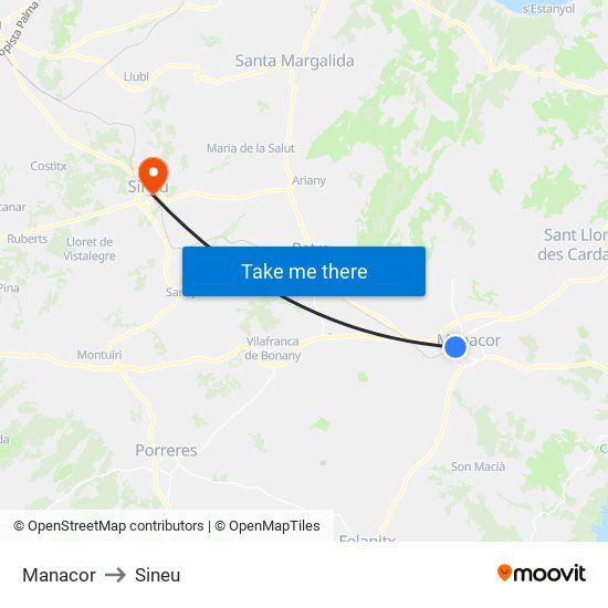 Manacor to Sineu map