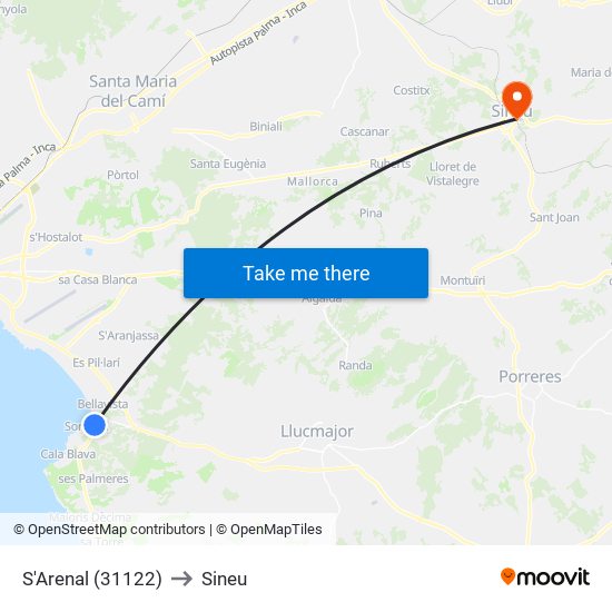 S'Arenal (31122) to Sineu map