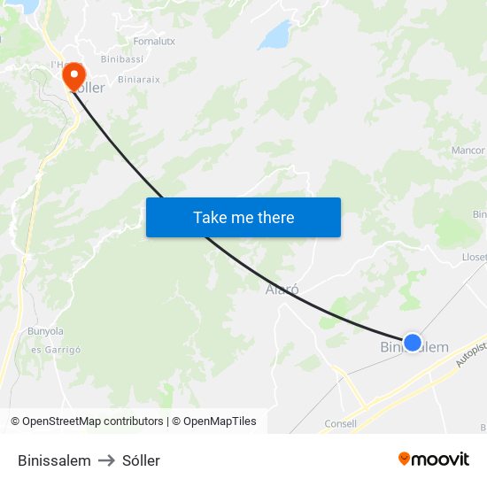 Binissalem to Sóller map