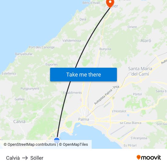 Calvià to Sóller map