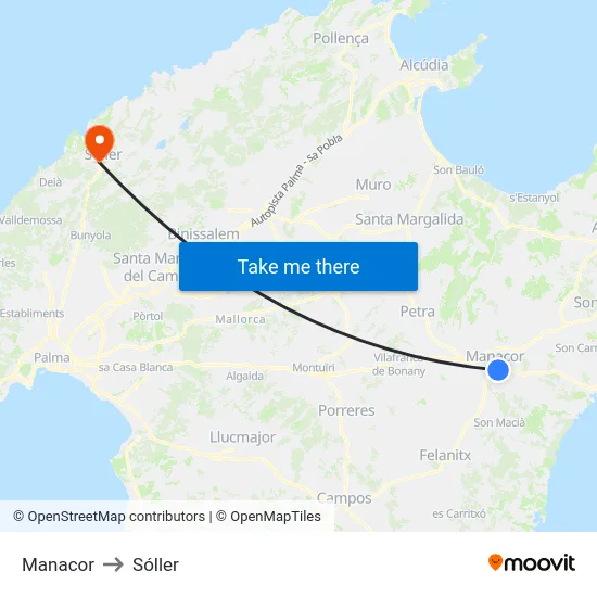 Manacor to Sóller map