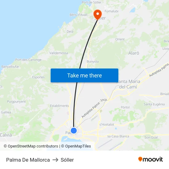 Palma De Mallorca to Sóller map