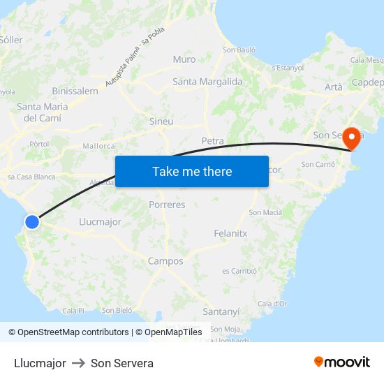 Llucmajor to Son Servera map