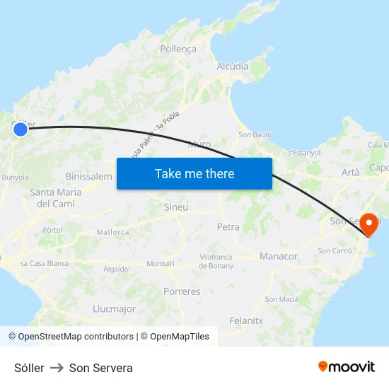 Sóller to Son Servera map