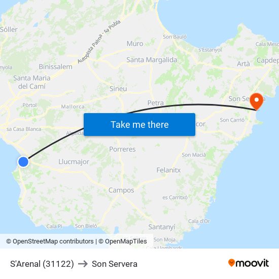 S'Arenal (31122) to Son Servera map