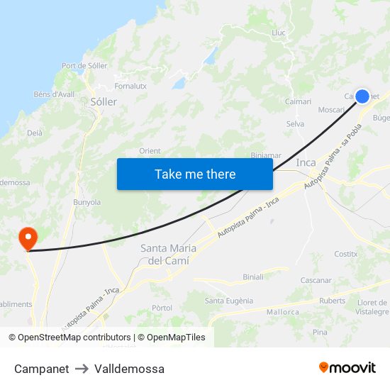 Campanet to Valldemossa map