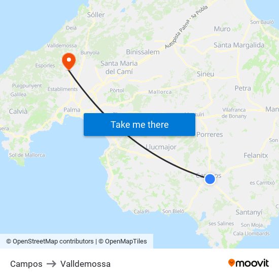 Campos to Valldemossa map