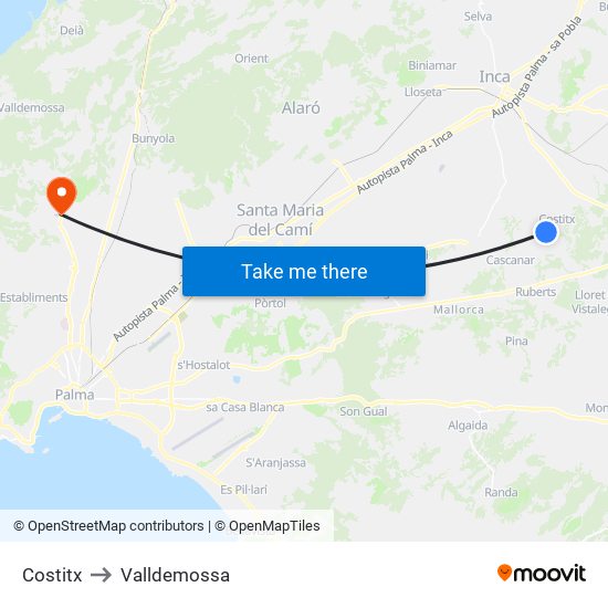Costitx to Valldemossa map