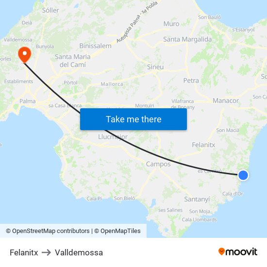 Felanitx to Valldemossa map