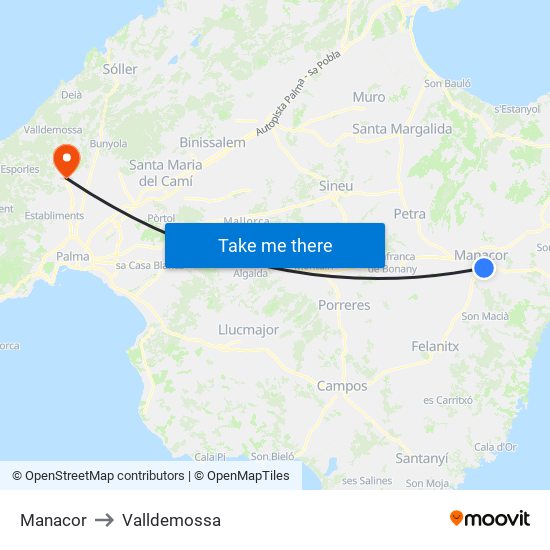 Manacor to Valldemossa map