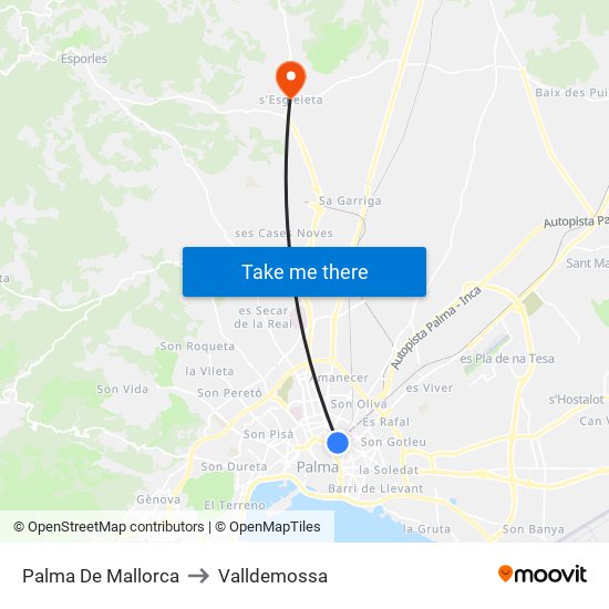 Palma De Mallorca to Valldemossa map