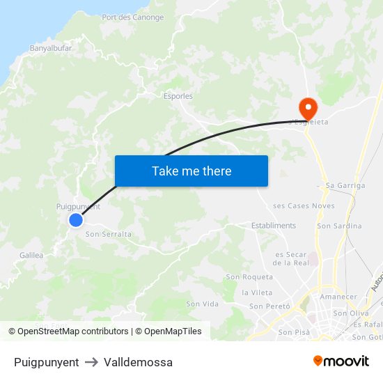 Puigpunyent to Valldemossa map