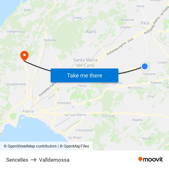 Sencelles to Valldemossa map