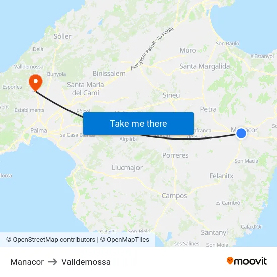 Manacor to Valldemossa map