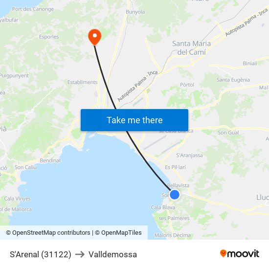 S'Arenal (31122) to Valldemossa map