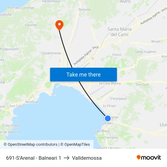 691-S'Arenal - Balneari 1 to Valldemossa map