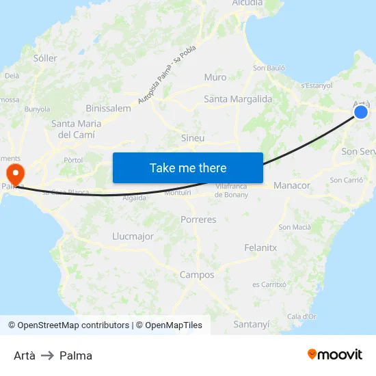 Artà to Palma map