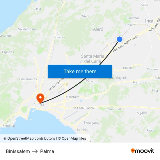 Binissalem to Palma map
