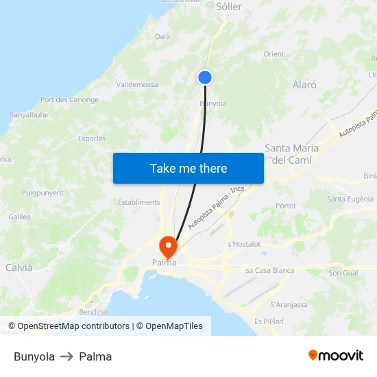 Bunyola to Palma map