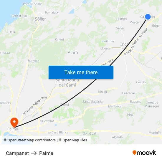 Campanet to Palma map