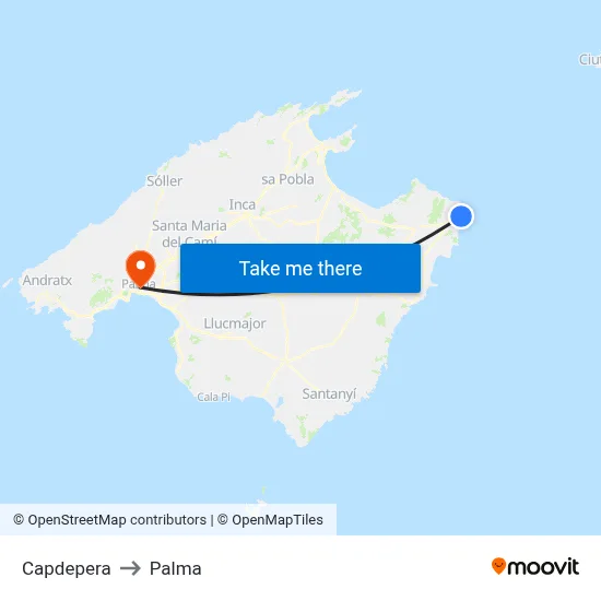 Capdepera to Palma map