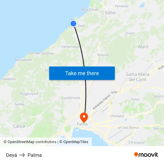 Deyá to Palma map